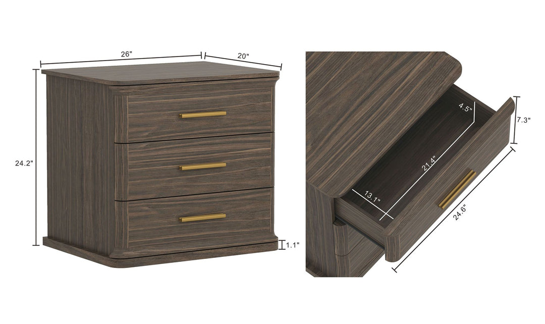 Manhattan Comfort Clifford Wooden Nightstand With Three Drawers- Jennifer Furniture