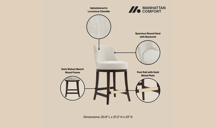 Manhattan Comfort Lucia Chenille Wood Counter Stool-Jennifer Furniture