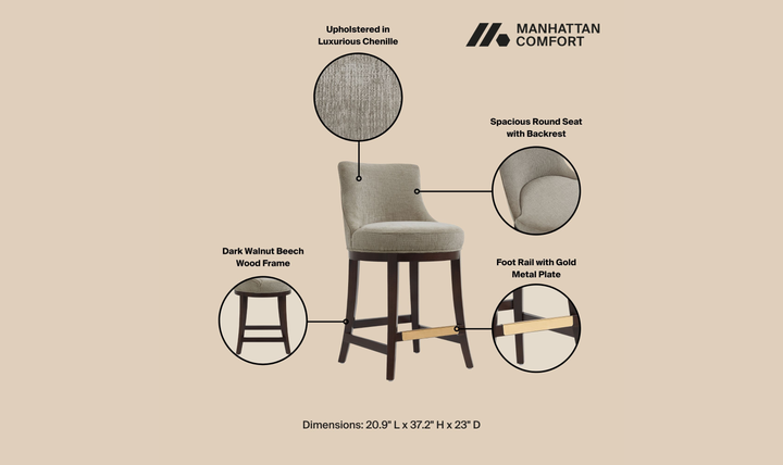 Manhattan Comfort Lucia Chenille Wood Counter Stool-Jennifer Furniture