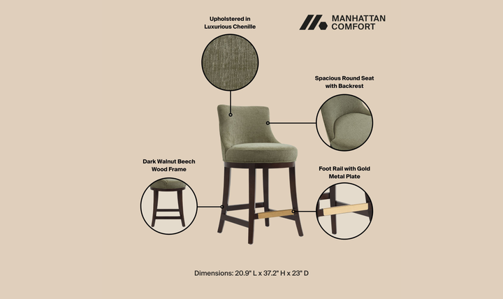Manhattan Comfort Lucia Chenille Wood Counter Stool-Jennifer Furniture