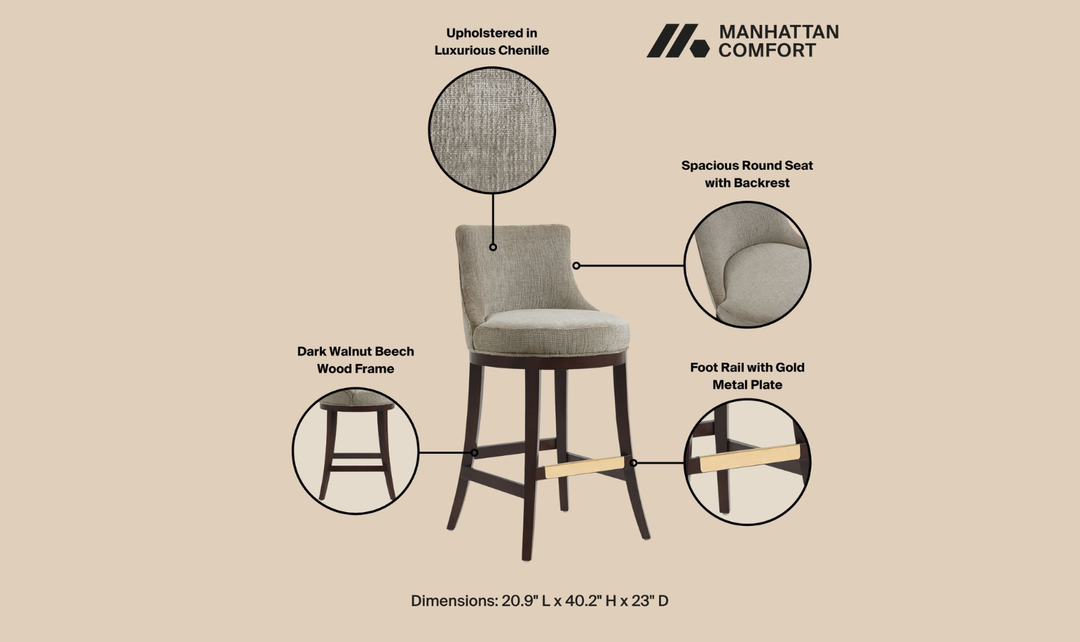 Manhattan Comfort Lucia Wooden Upholstered Chenille Barstool-jennifer