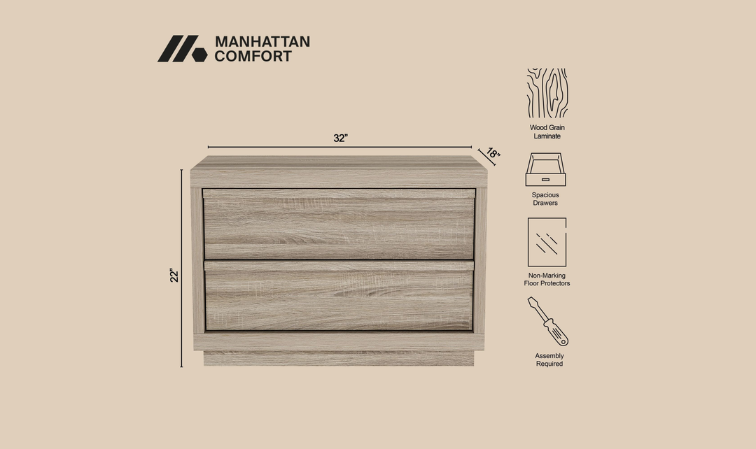 Manhattan Comfort Navis Wooden Nightstand With Two Drawers-Jennifer Furniture