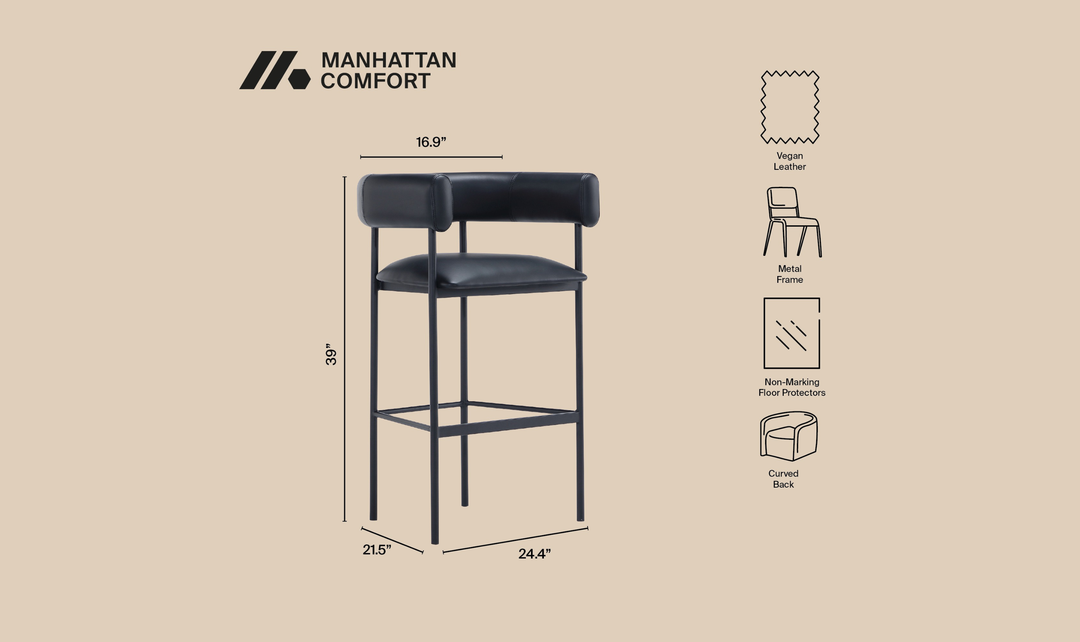Manhattan Comfort Onda Vegan Leather Metal Upholstered Barstool-Jennifer Furniture