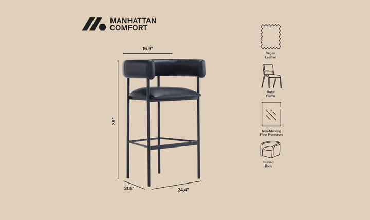Manhattan Comfort Onda Vegan Leather Metal Upholstered Barstool-Jennifer Furniture