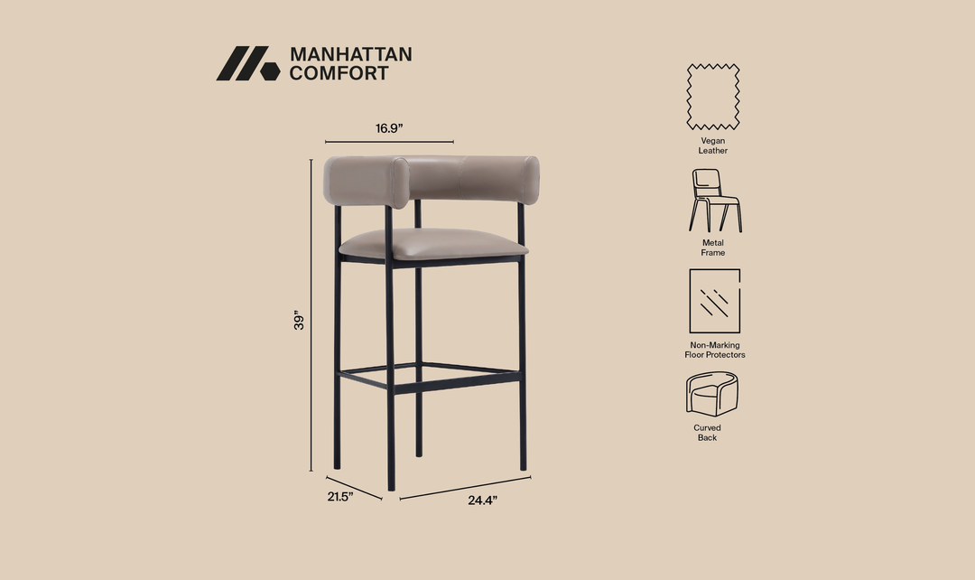 Manhattan Comfort Onda Vegan Leather Metal Upholstered Barstool-Jennifer Furniture