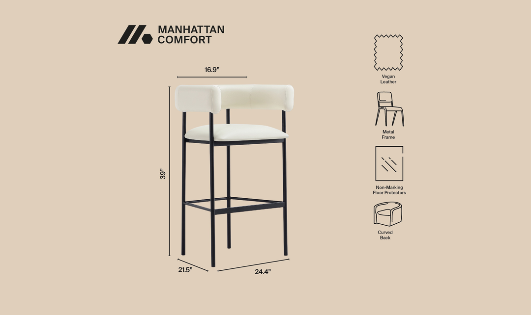 Manhattan Comfort Onda Vegan Leather Metal Upholstered Barstool-Jennifer Furniture