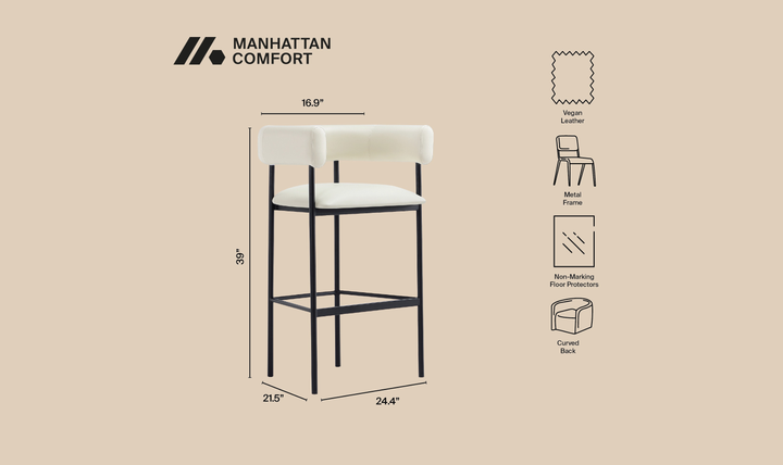 Manhattan Comfort Onda Vegan Leather Metal Upholstered Barstool-Jennifer Furniture