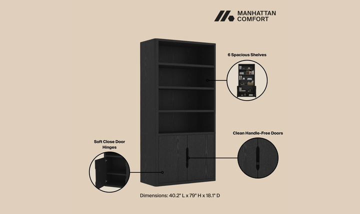 Manhattan Comfort Rivington Bookcase with Lower Storage Cabinet-Jenifer Furniture