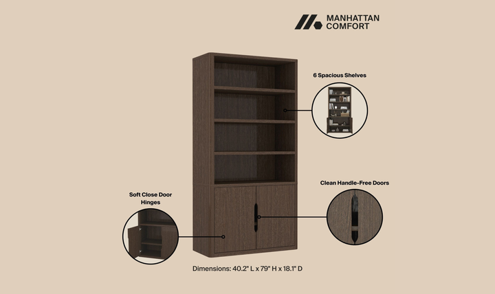 Manhattan Comfort Rivington Bookcase with Lower Storage Cabinet-Jenifer Furniture