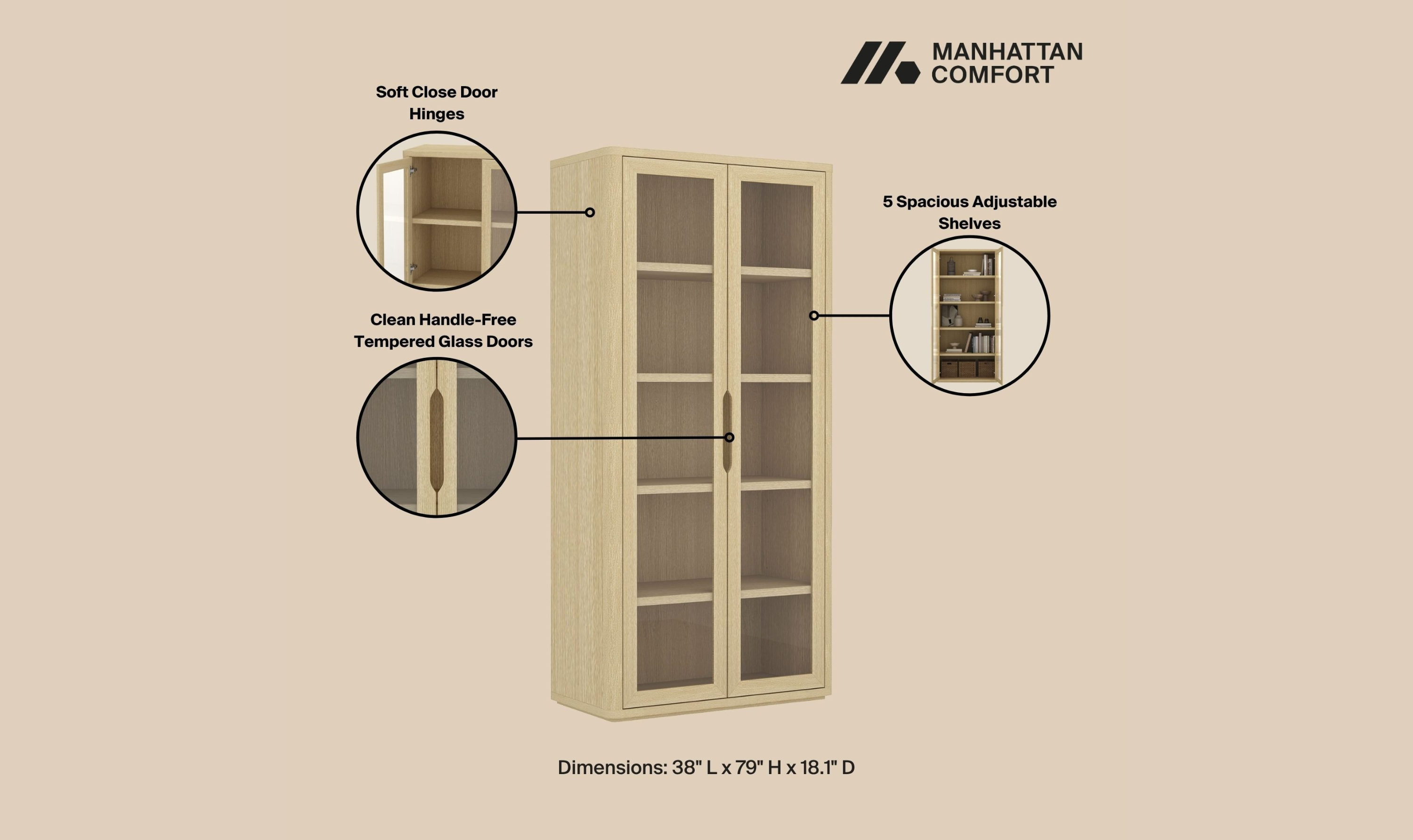 Manhattan Comfort Rivington Tall Glass Door Display Cabinet-Jennifer Furniture