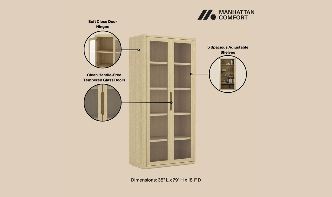 Manhattan Comfort Rivington Tall Glass Door Display Cabinet-Jennifer Furniture
