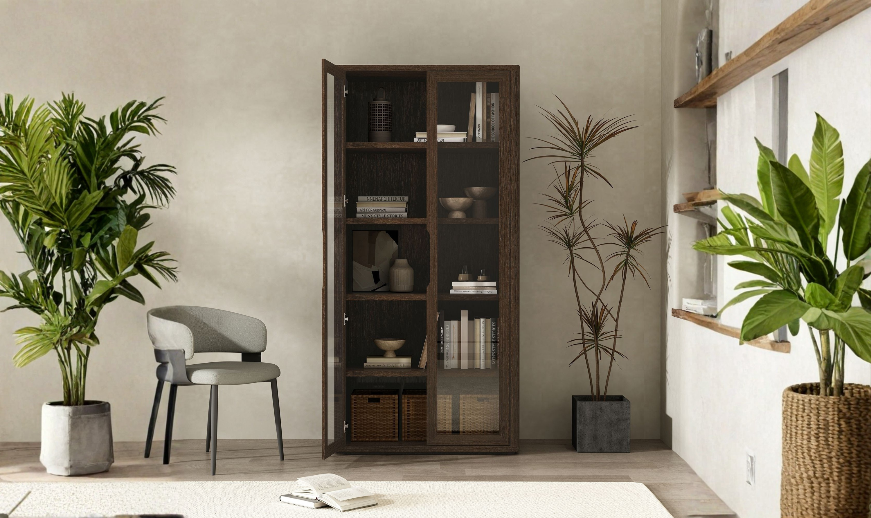 Manhattan Comfort Rivington Tall Glass Door Display Cabinet-Jennifer Furniture