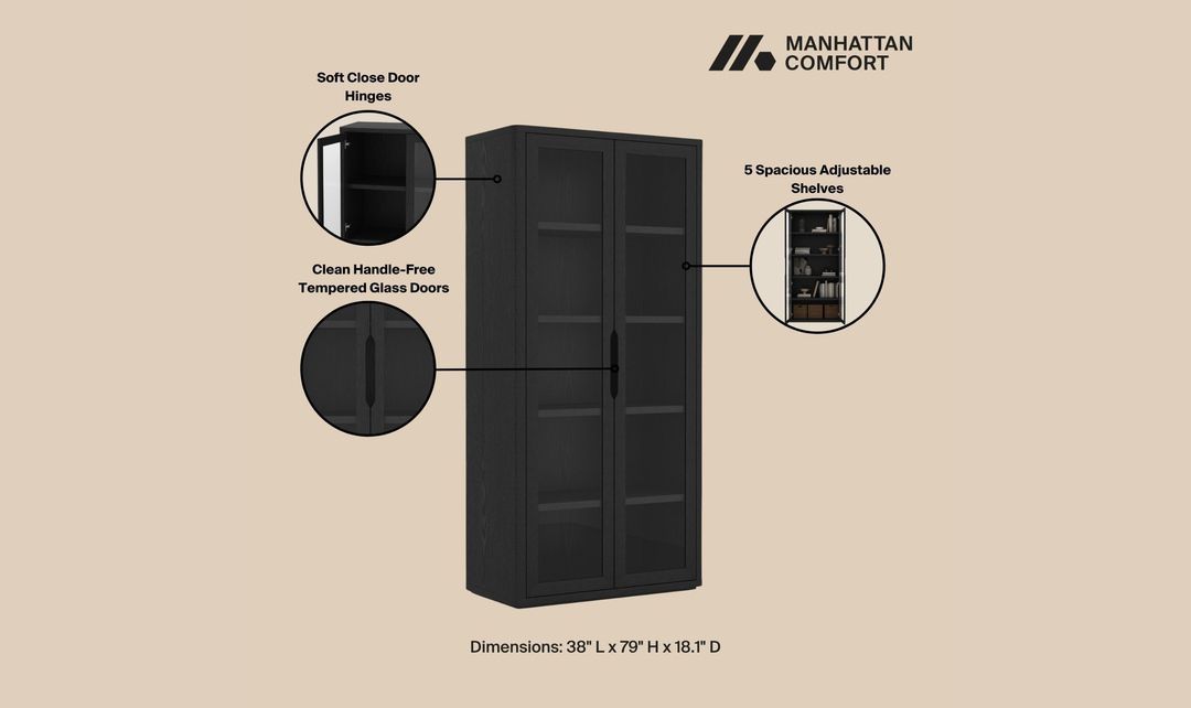 Manhattan Comfort Rivington Tall Glass Door Display Cabinet-Jennifer Furniture