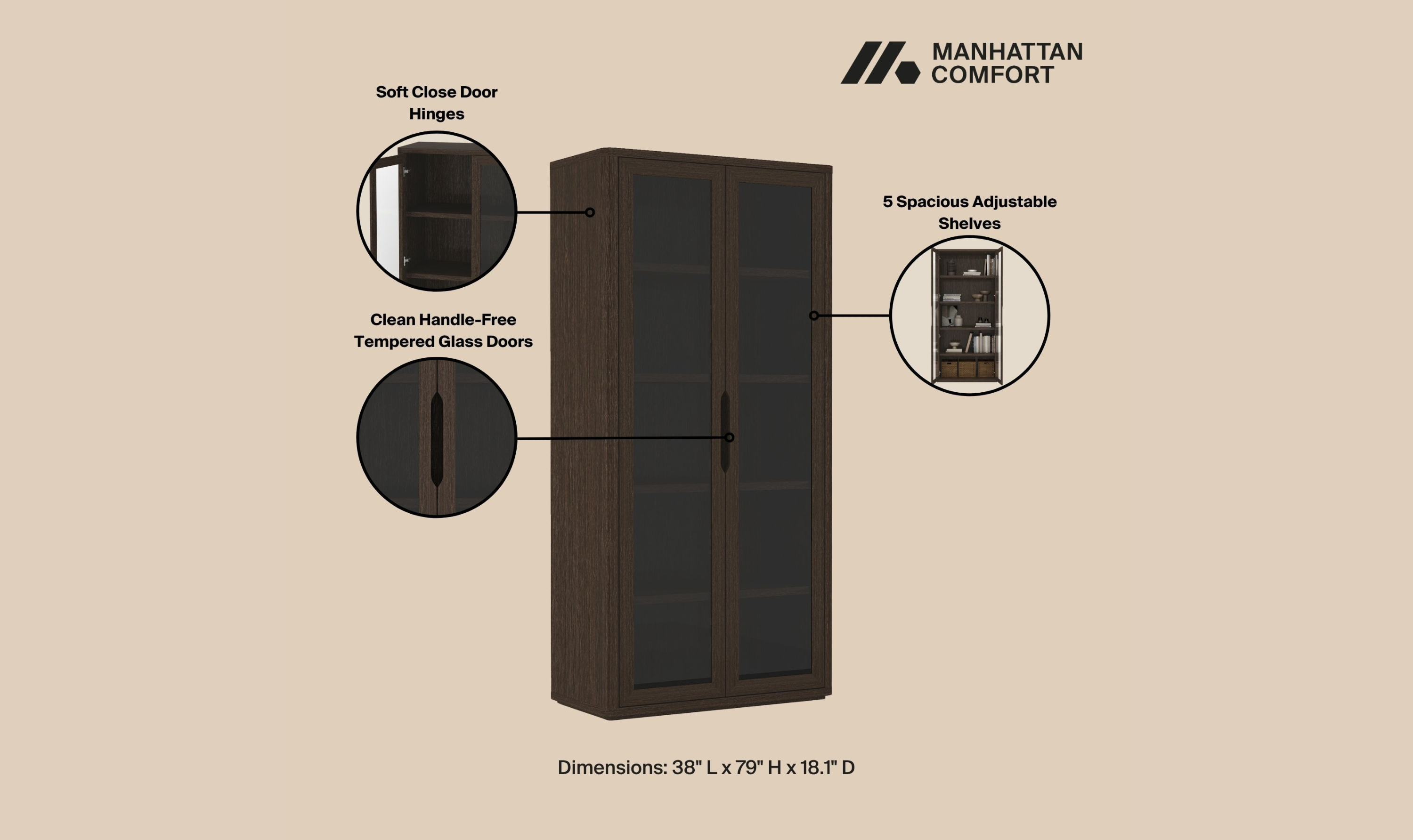 Manhattan Comfort Rivington Tall Glass Door Display Cabinet-Jennifer Furniture