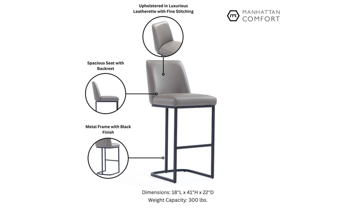 Manhattan Comfort Serena Metal Upholstered Barstool-Jennifer Furniture