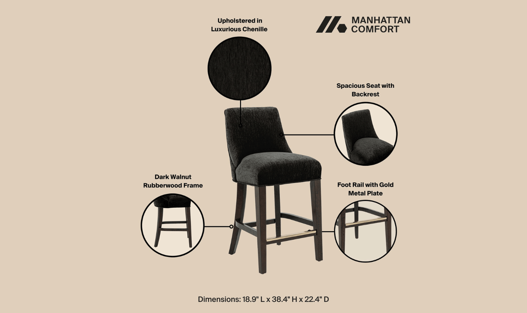 Manhattan Comfort Beever Chenille Wood Counter Stool