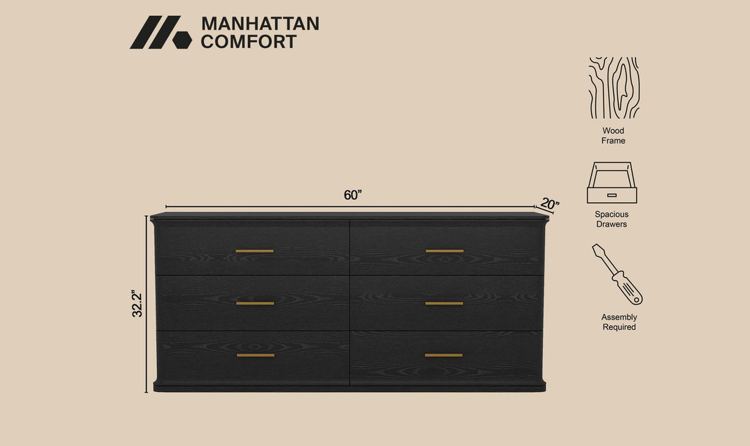 Manhattan Comfort Clifford Wooden Dresser With Six Drawers-Jennifer Furniture