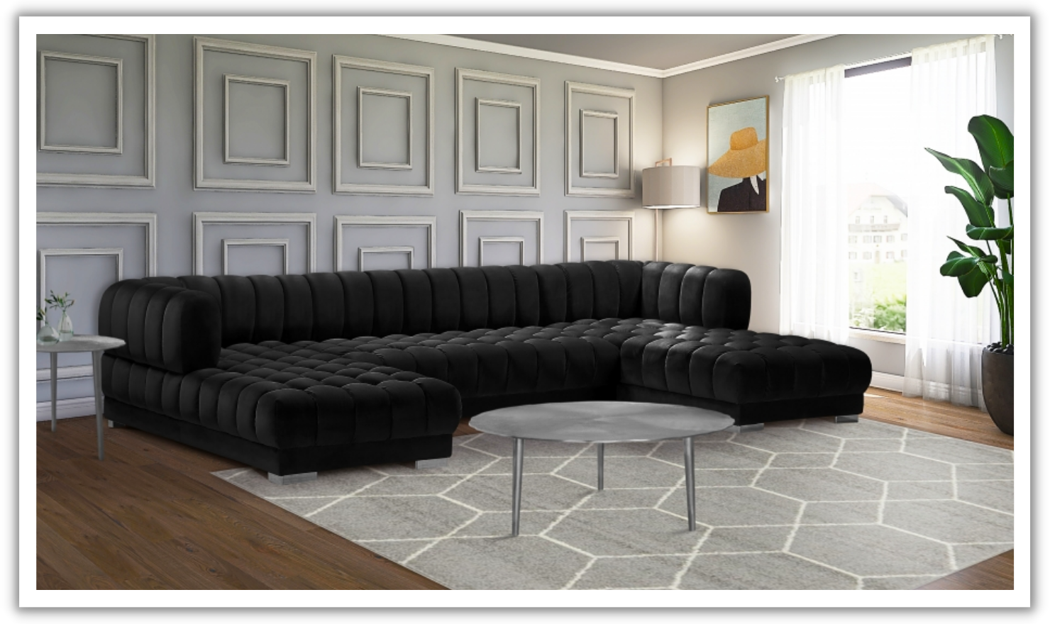 Meridian Furniture Gwen Velvet Upholstered 3pc. Sectional Sofa With Gold and Chrome Leg-Jennifer Furniture