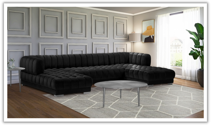 Meridian Furniture Gwen Velvet Upholstered 3pc. Sectional Sofa With Gold and Chrome Leg-Jennifer Furniture