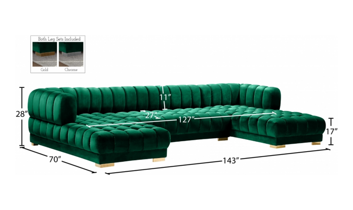 Meridian Furniture Gwen Velvet Upholstered 3pc. Sectional Sofa With Gold and Chrome Leg