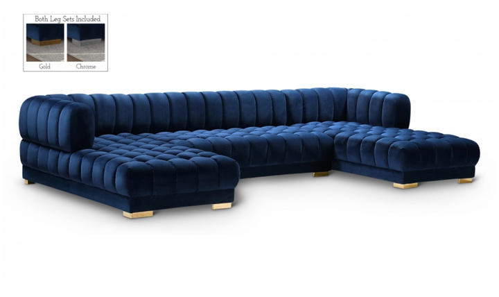 Meridian Furniture Gwen Velvet Upholstered 3pc. Sectional Sofa With Gold and Chrome Leg