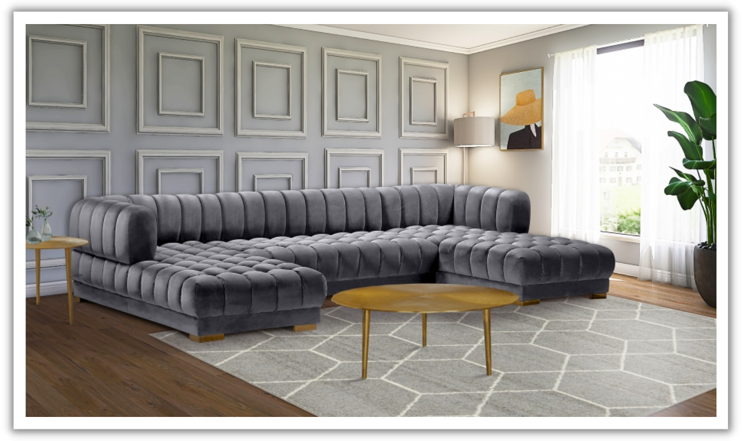 Meridian Furniture Gwen Velvet Upholstered 3pc. Sectional Sofa With Gold and Chrome Leg-Jennifer Furniture