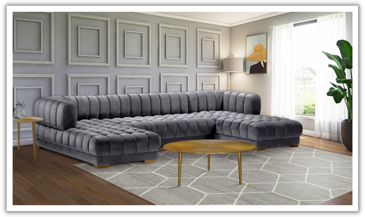Meridian Furniture Gwen Velvet Upholstered 3pc. Sectional Sofa With Gold and Chrome Leg-Jennifer Furniture