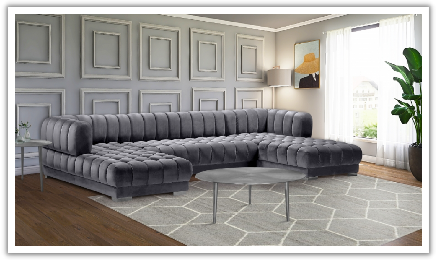 Meridian Furniture Gwen Velvet Upholstered 3pc. Sectional Sofa With Gold and Chrome Leg-Jennifer Furniture
