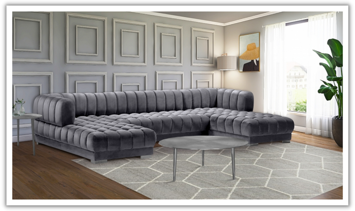 Meridian Furniture Gwen Velvet Upholstered 3pc. Sectional Sofa With Gold and Chrome Leg-Jennifer Furniture
