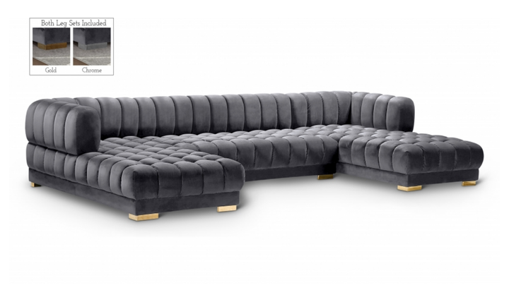 Meridian Furniture Gwen Velvet Upholstered 3pc. Sectional Sofa With Gold and Chrome Leg