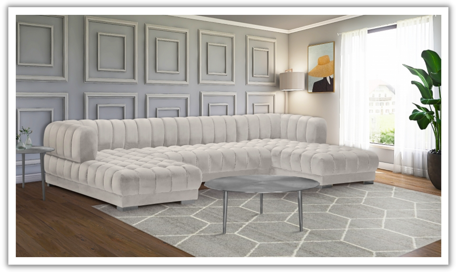 Meridian Furniture Gwen Velvet Upholstered 3pc. Sectional Sofa With Gold and Chrome Leg-Jennifer Furniture