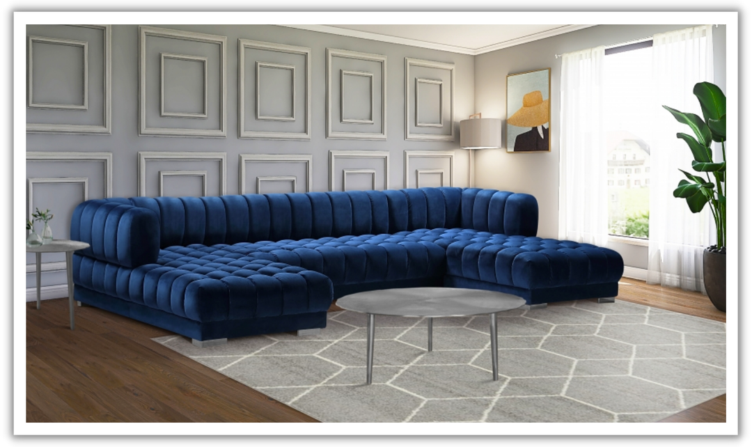 Meridian Furniture Gwen Velvet Upholstered 3pc. Sectional Sofa With Gold and Chrome Leg-Jennifer Furniture