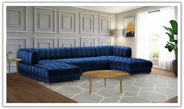 Meridian Furniture Gwen Velvet Upholstered 3pc. Sectional Sofa With Gold and Chrome Leg-Jennifer Furniture