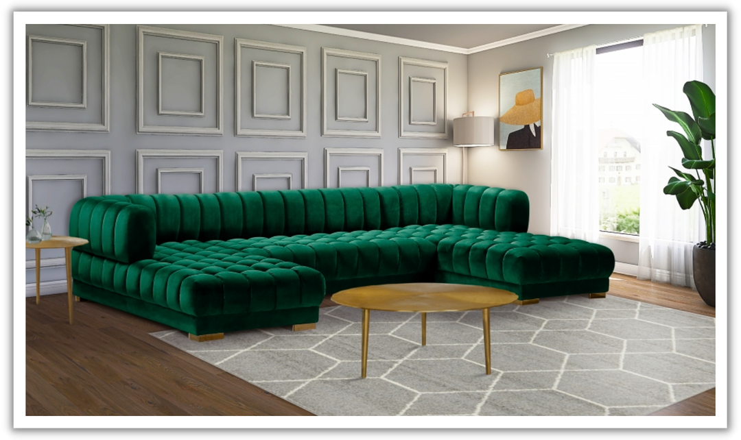 Meridian Furniture Gwen Velvet Upholstered 3pc. Sectional Sofa With Gold and Chrome Leg-Jennifer Furniture