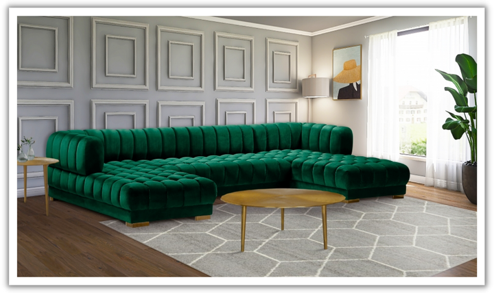 Meridian Furniture Gwen Velvet Upholstered 3pc. Sectional Sofa With Gold and Chrome Leg-Jennifer Furniture