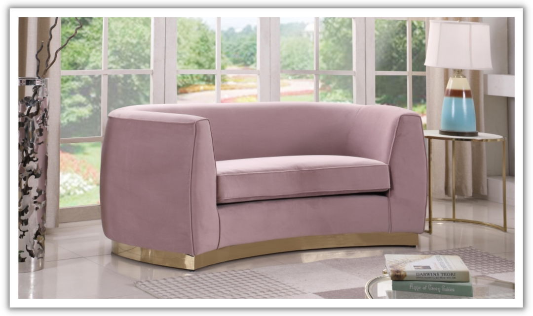 Meridian Furniture Julian Velvet Upholstered Loveseat Sofa with Two Base Types-Jennifer Furniture