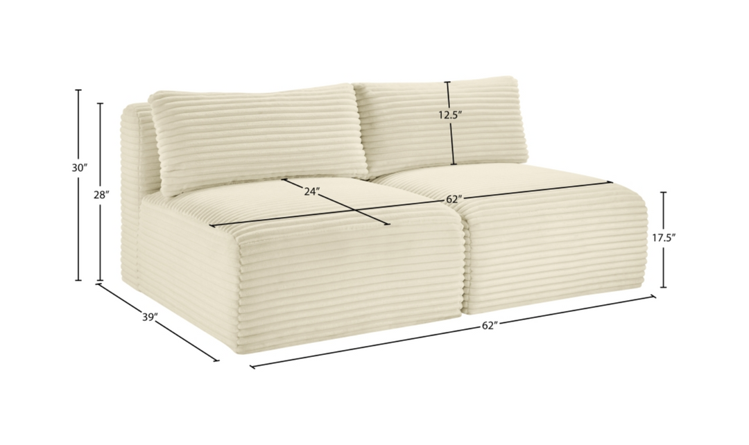 Meridian Furniture Shaggy 62" Corduroy Performance Fabric Upholstered Armless Modular Loveseat-Jennifer Furniture
