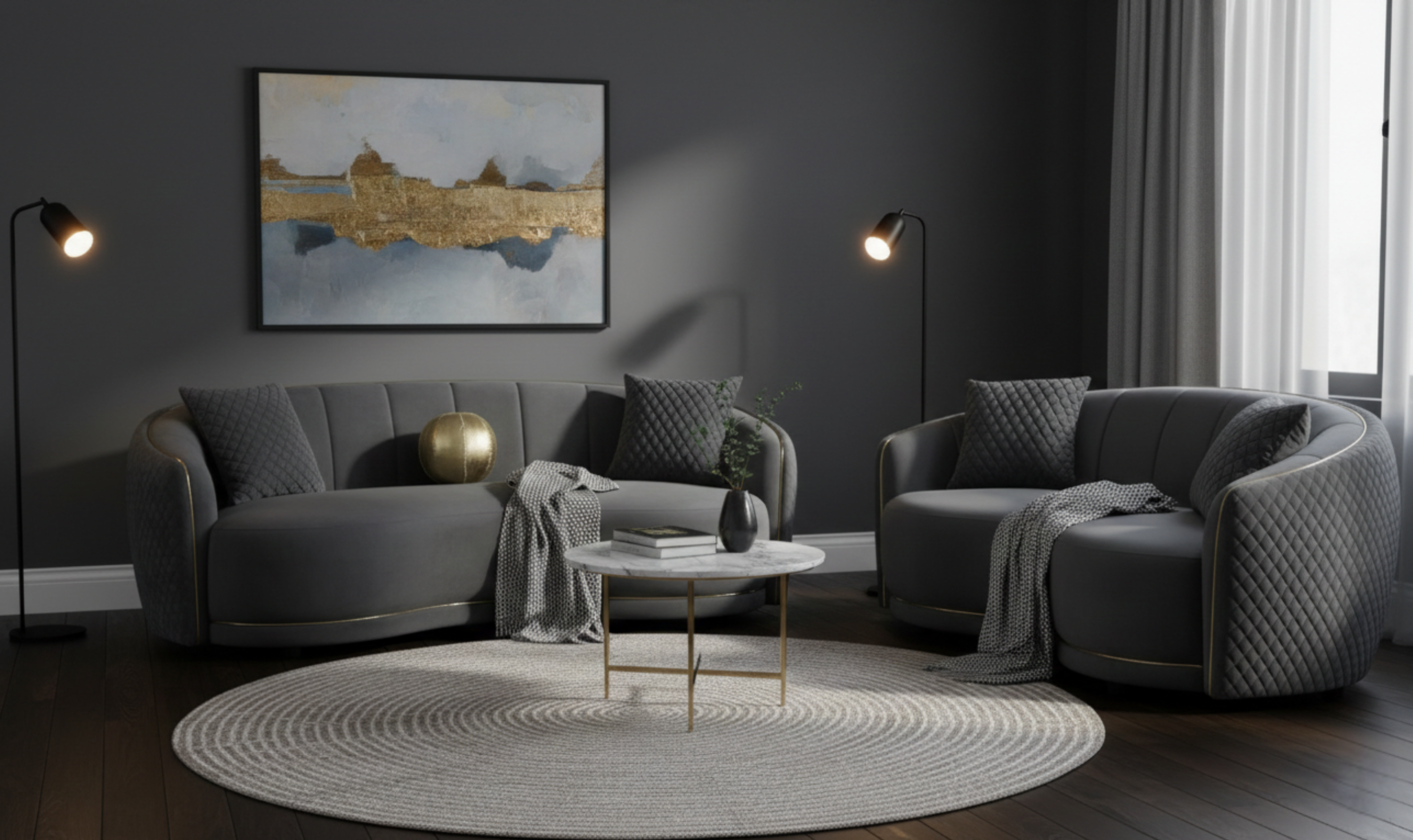Modern Heritage Brookside 2‑Piece Velvet Curved Sofa & Loveseat Set