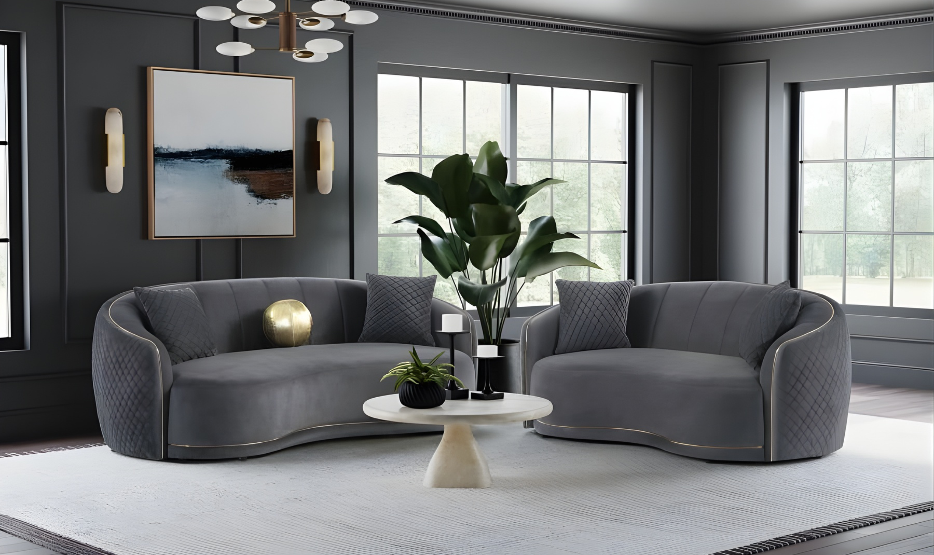 Modern Heritage Brookside 2‑Piece Velvet Curved Sofa & Loveseat Set