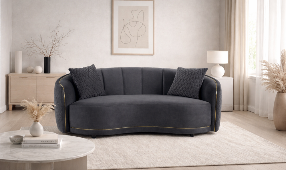 Modern Heritage Brookside Velvet Curved Loveseat With Gold Trim-Dark Grey - Jennifer Furniture