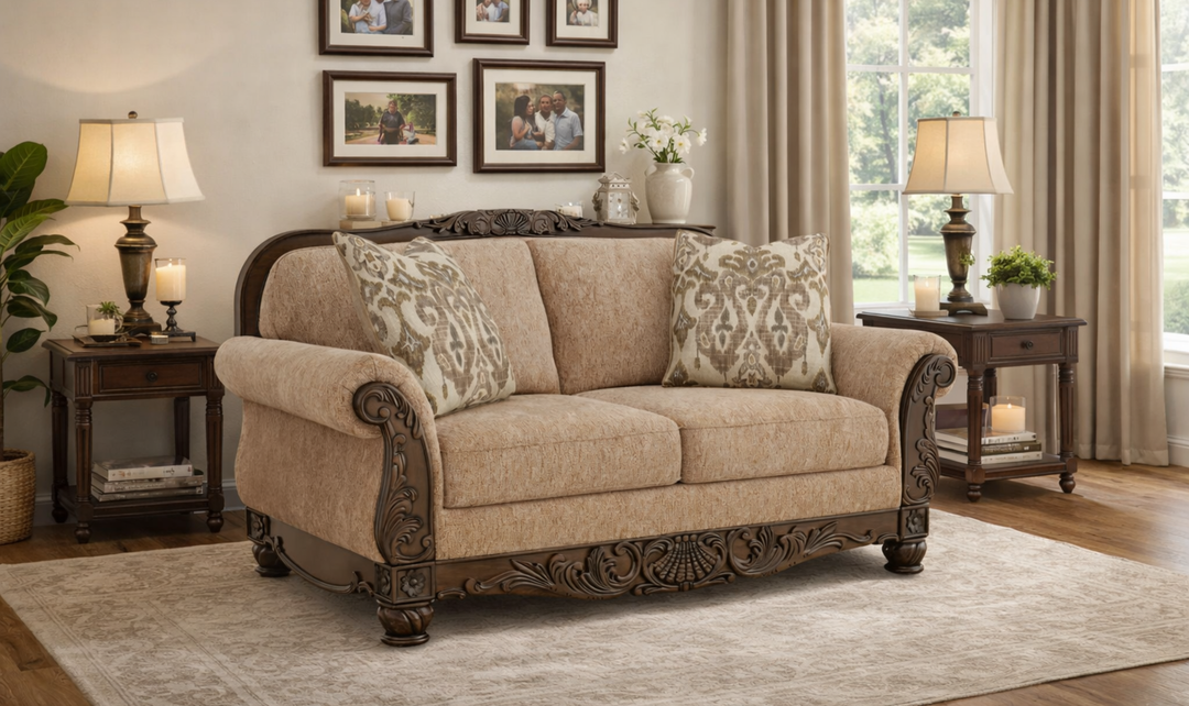 Modern Heritage Chelsworth Golden Fabric Loveseat - Jennifer Furniture