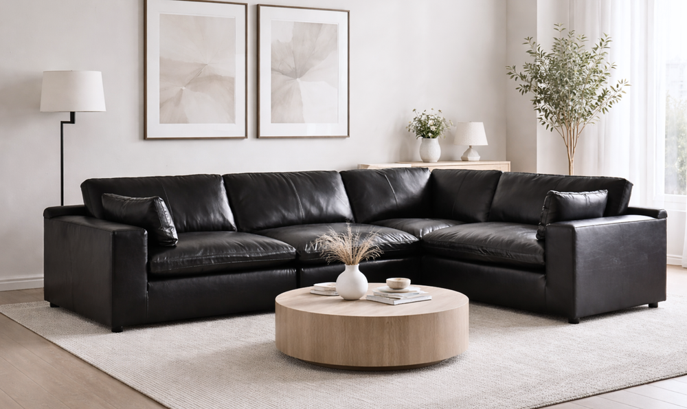 Modern Heritage Emilia Leather Sectional In Black - Jennifer Furniture