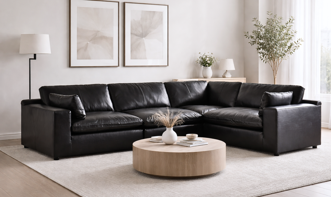 Modern Heritage Emilia Leather Sectional In Black - Jennifer Furniture