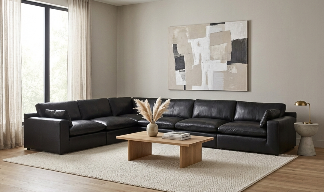 Modern Heritage Emilia Leather Sectional In Black - Jennifer Furniture