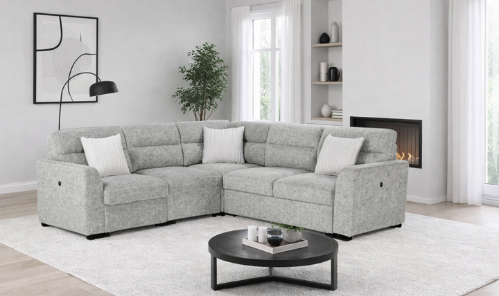 Global Furniture Nickel L-Shape Fabric Sleeper Sectional Sofa With 3 Pillows And Ottoman-Jennifer Furniture