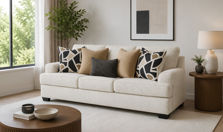 Modern Heritage Heartcort 3-Seater Fabric Sofa With 5 Pillows and Track Arms-Jennifer Furniture