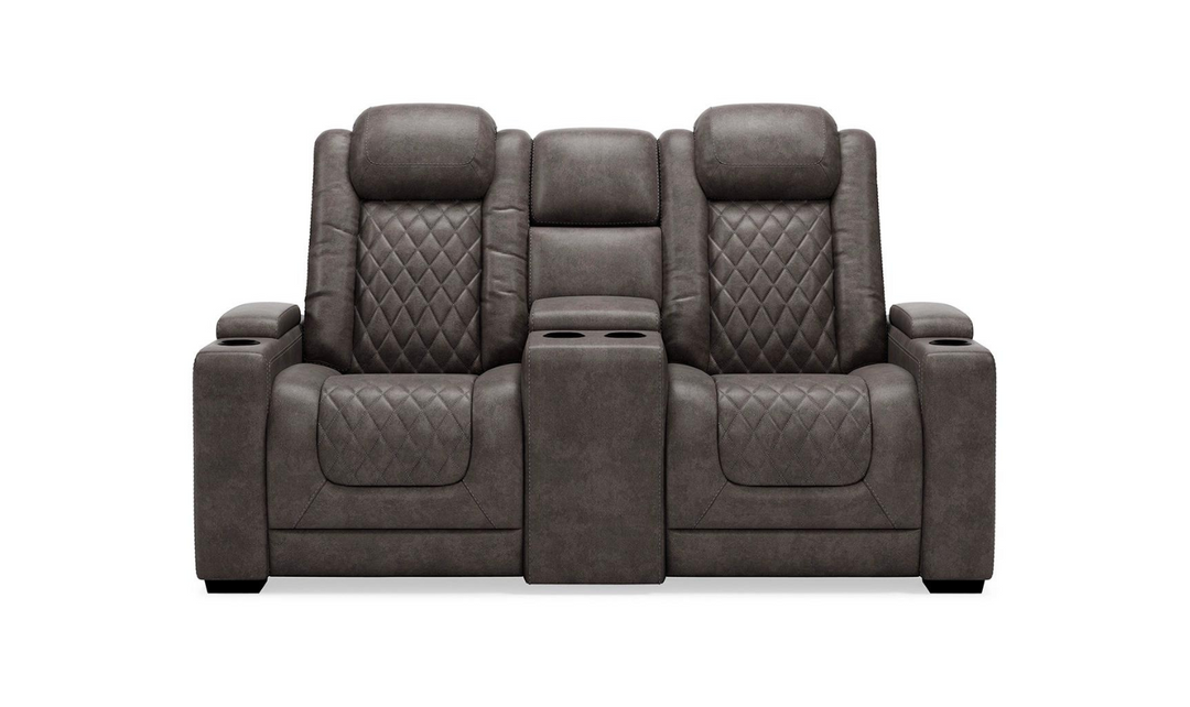 Modern Heritage HyllMont Gray Leather Power Reclining Loveseat with Console