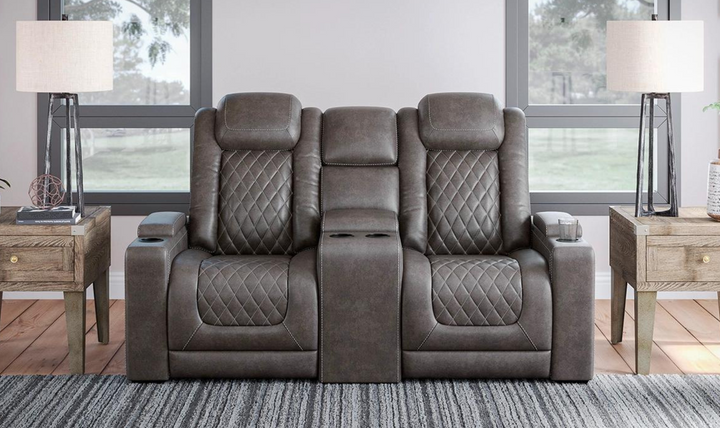 Modern Heritage HyllMont Gray Leather Power Reclining Loveseat with Console