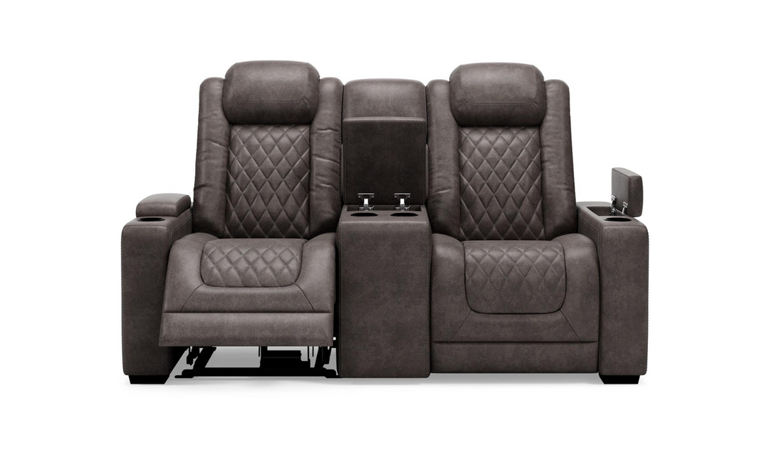 Modern Heritage HyllMont Gray Leather Power Reclining Loveseat with Console