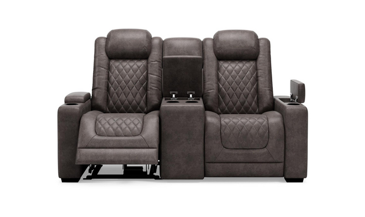 Modern Heritage HyllMont Gray Leather Power Reclining Loveseat with Console